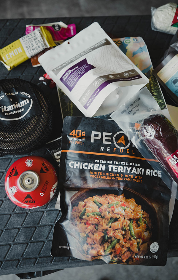 A variety of packaged food to take on a hunt at high elevation